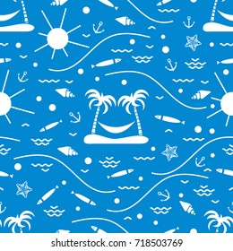 Cute seamless pattern with fish, island with palm trees and a hammock, anchor, sun, waves, seashells, starfish. Design for banner, poster or print.