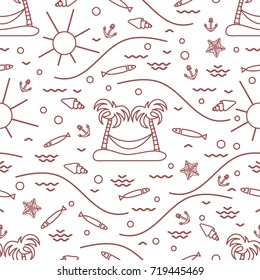 Cute seamless pattern with fish, island with palm trees and a hammock, anchor, sun, waves, seashells, starfish. Design for banner, poster or print.