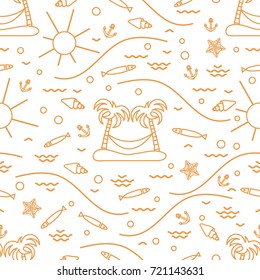 Cute seamless pattern with fish, island with palm trees and a hammock, anchor, sun, waves, seashells, starfish. Design for banner, poster or print.