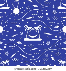 Cute seamless pattern with fish, island with palm trees and a hammock, anchor, sun, waves, seashells, starfish. Design for banner, poster or print.