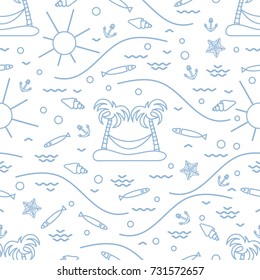 Cute seamless pattern with fish, island with palm trees and a hammock, anchor, sun, waves, seashells, starfish. Design for banner, poster or print.