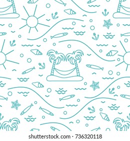 Cute seamless pattern with fish, island with palm trees and a hammock, anchor, sun, waves, seashells, starfish. Design for banner, poster or print.