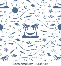 Cute seamless pattern with fish, island with palm trees and a hammock, anchor, sun, waves, seashells, starfish. Design for banner, poster or print.
