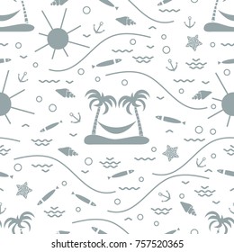 Cute seamless pattern with fish, island with palm trees and a hammock, anchor, sun, waves, seashells, starfish. Design for banner, poster or print.