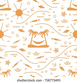 Cute seamless pattern with fish, island with palm trees and a hammock, anchor, sun, waves, seashells, starfish. Design for banner, poster or print.