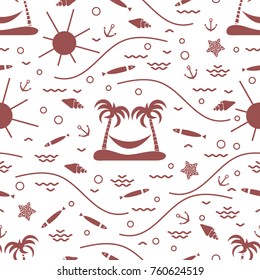 Cute seamless pattern with fish, island with palm trees and a hammock, anchor, sun, waves, seashells, starfish. Design for banner, poster or print.
