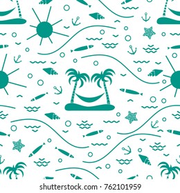 Cute seamless pattern with fish, island with palm trees and a hammock, anchor, sun, waves, seashells, starfish. Design for banner, poster or print.