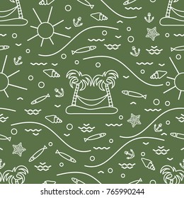 Cute seamless pattern with fish, island with palm trees and a hammock, anchor, sun, waves, seashells, starfish. Design for banner, poster or print.