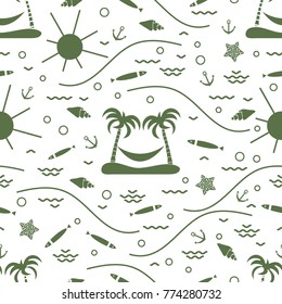 Cute seamless pattern with fish, island with palm trees and a hammock, anchor, sun, waves, seashells, starfish. Design for banner, poster or print.