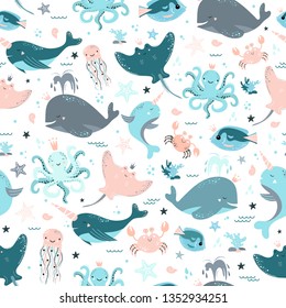 Cute seamless pattern with fish, whale, slope, crab, jellyfish, starfish, narwhal, octopus, seashells, corals, algae. Vector childrens background. Printing on fabric, clothing, wallpaper.