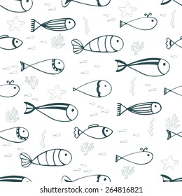 Cute seamless pattern with fishes and corals. Vector illustration