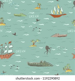 Cute seamless pattern with fishes, ships, crocodiles and sea slogan. Vector baby marine collection for fabric design.