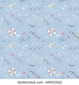 Cute seamless pattern with fishes, ships, anchors, lifebuoy and sea slogan. Vector baby marine patch for fabric design.