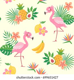 Cute seamless pattern of a flamingo bird with tropical flowers, leaves and fruit.