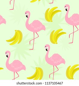 Cute seamless  pattern with flamingos and bananas on backdrop with tropical leaves. For wrapping paper, design poster, print for clothes for children. 
