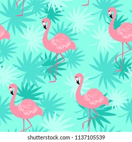 Cute seamless pattern with flamingos on backdrop with tropical leaves. For wrapping paper, design poster, banner, print on clothes for children.