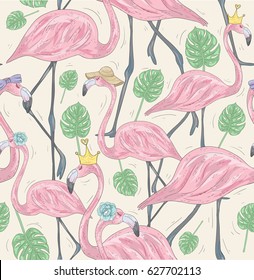 Cute seamless pattern with flamingos and palm leaves. Summer vector background with birds. 