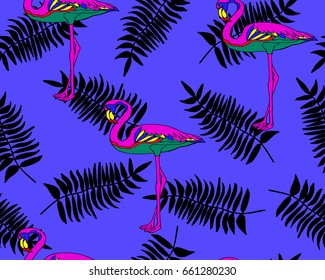 Cute seamless pattern with flamingos and palm. Vector background with birds. 