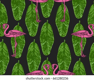 Cute seamless pattern with flamingos and palm. Vector background with birds. 