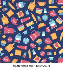 cute seamless pattern with flat kitchen utensils on dark blue background.