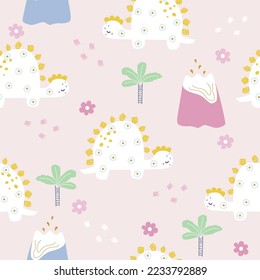 Cute seamless pattern with floral dinosaurs. Kids fantasy print. Vector hand drawn illustration.