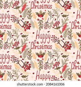 Cute Seamless Pattern with floral elements and twigs Elements. Illustration for decorating Vector Images. Happy Christmas. Texture for printing and clothing design.