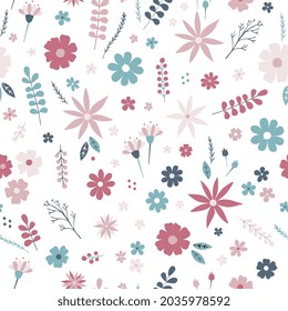 Patrón perfecto con adornos florales. Flores pequeñas, hojas y bayas sobre fondo blanco. Tela de bebé. Diseño de vectores. 