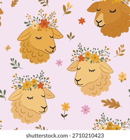 Cute seamless pattern with floral sheep heads on soft pastel background
