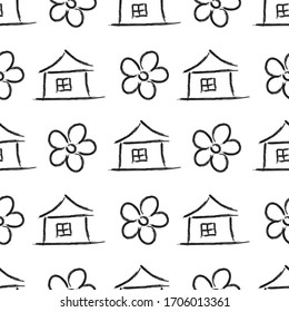 Cute seamless pattern with flower and house. Cartoon children's hand drawing, vector sketch for typography