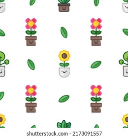cute seamless pattern flower, leaf on pot 