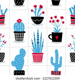 Cute seamless pattern with flower in pot on white background. Floral vector illustration with hand drawn cactus in minimalistic style.