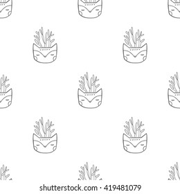 Cute seamless pattern with flower succulent pots