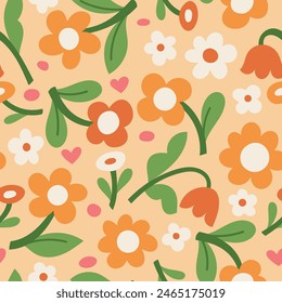Cute seamless pattern with flowers and abstract botanical elements. Vector hand drawn floral background for textile, fabric, print or wallpaper.