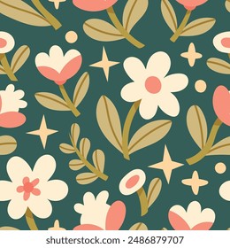 Lindo patrón sin costuras con flores y Elementos botánicos abstractos. Vector dibujado a mano fondo floral para textil, tela, estampado o Fondo de pantalla.