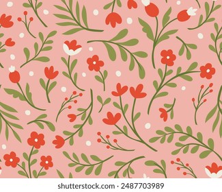 Cute seamless pattern with flowers and abstract botanical elements. Vector hand drawn floral background for textile, fabric, print or wallpaper.