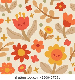 Cute seamless pattern with flowers and abstract botanical elements. Vector hand drawn floral background for textile, fabric, print or wallpaper.