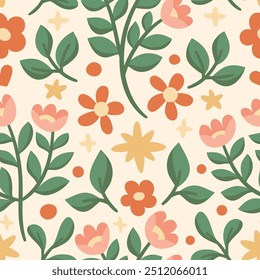 Cute seamless pattern with flowers and abstract botanical elements. Vector hand drawn floral background for textile, fabric, print or wallpaper.