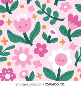 Cute seamless pattern with flowers and abstract botanical elements. Vector hand drawn floral background for textile, fabric, print or wallpaper.
