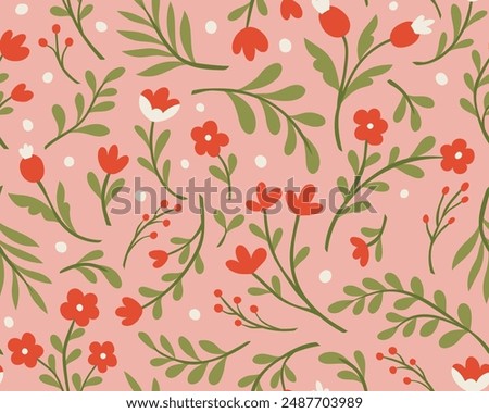 Cute seamless pattern with flowers and abstract botanical elements. Vector hand drawn floral background for textile, fabric, print or wallpaper.