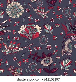 Cute seamless pattern with flowers, bee and dragonfly. Small colorful flowers. Ditsy floral background. The elegant template for fashion prints.