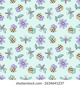 Padrão perfeito bonito com flores, abelhas e libélulas em estilo doodle, em cores pastel, em um fundo verde. Perfeito para tecido, papel de parede, envoltório de presente, artigos de papelaria e produtos para crianças.