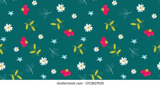 Cute seamless pattern with flowers and berries and leaves. For packaging, paper, cards, wallpaper, textile and any surfaces. Vector pattern. 