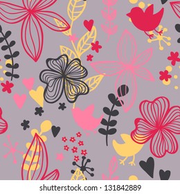 Cute seamless pattern with flowers and birds. Abstract floral background for your design. Romantic spring seamless pattern with birds and flowers. Vector illustration