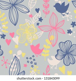 Cute seamless pattern with flowers and birds. Abstract floral background for your design. Romantic spring seamless pattern with birds and flowers. Vector illustration