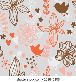 Cute seamless pattern with flowers and birds. Abstract floral background for your design. Romantic spring seamless pattern with birds and flowers. Vector illustration