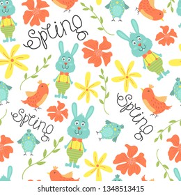 Cute seamless pattern with flowers, birds and bunnies. Vector spring background.