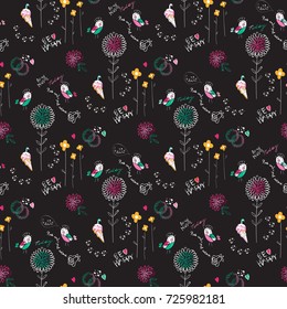 Cute seamless pattern with flowers, birds and ice cream. Vector baby design for fashion apparels, t shirt, stickers and printed tee design