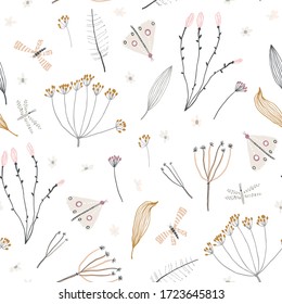 Cute seamless pattern with flowers, branch, leaves. Vintage background. Creative childish texture for fabric, wrapping, textile, wallpaper, apparel. Vector illustration.