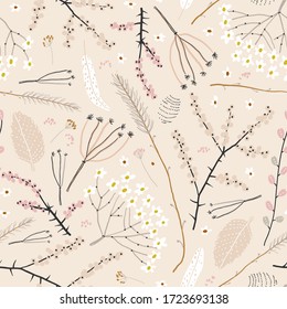 Cute seamless pattern with flowers, branch, leaves. Vintage background. Creative childish texture for fabric, wrapping, textile, wallpaper, apparel. Vector illustration.