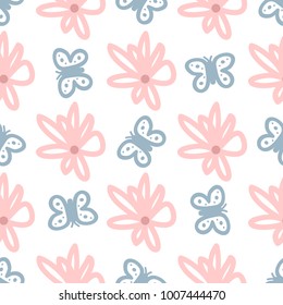 Cute seamless pattern with flowers and butterflies drawn by hand. Sketch, doodle, scribble. Endless vector illustration for children.